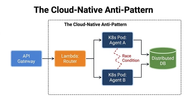 Diagram showing the Cloud-Native Anti-Pattern: distributed K8s pods creating race conditions